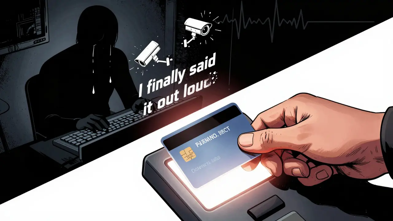 Ruka ukládá anonymní kartu, zatímco postava v tichosti pláče nad klávesnicí s textem terapie.