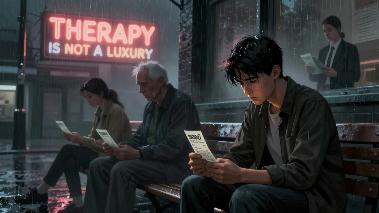 Student s cenou 500 Kč v pozadí s tajnými klienty a plakátem &#039;Terapie není luxus&#039;.