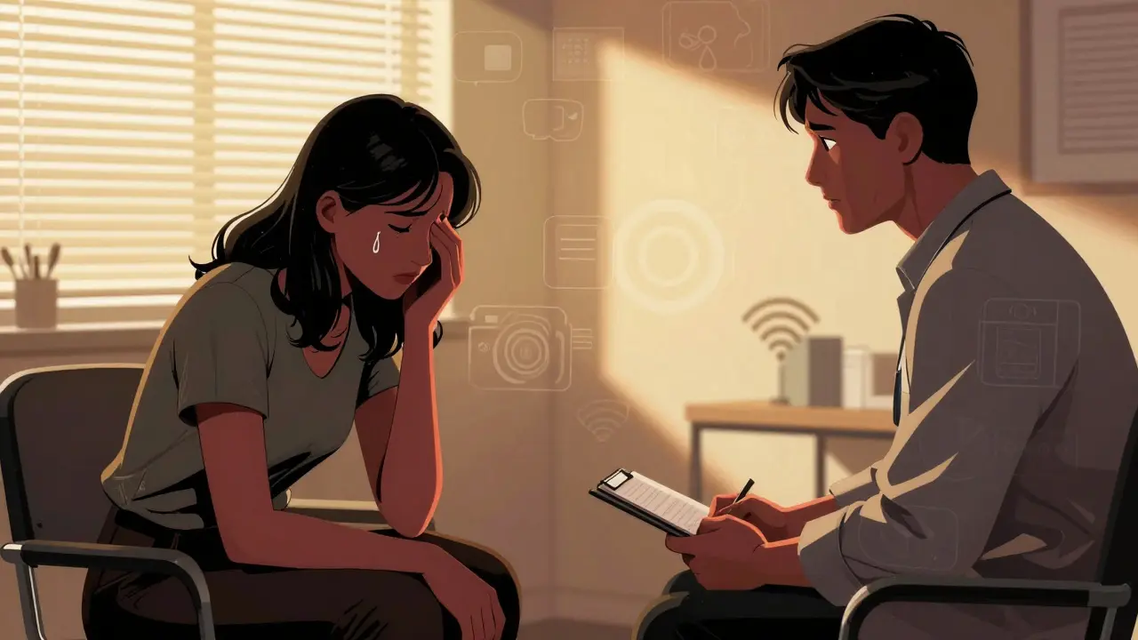 Terapeut a klient sedí proti sobě v tiché místnosti, záře světla na jejich tvářích, ruce klienta se třesou.