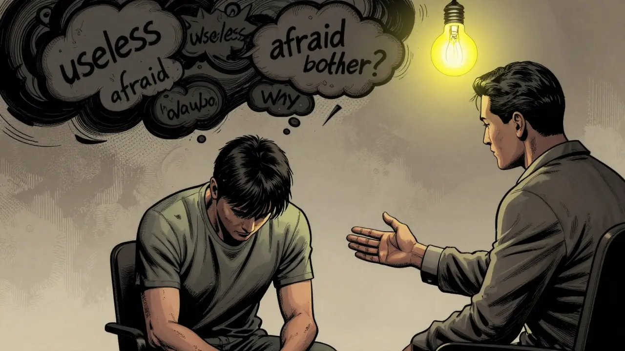 Terapeut a klient sedí v tichosti, nad klientem se vznášejí temné myšlenky, žárovka bliká nad nimi.