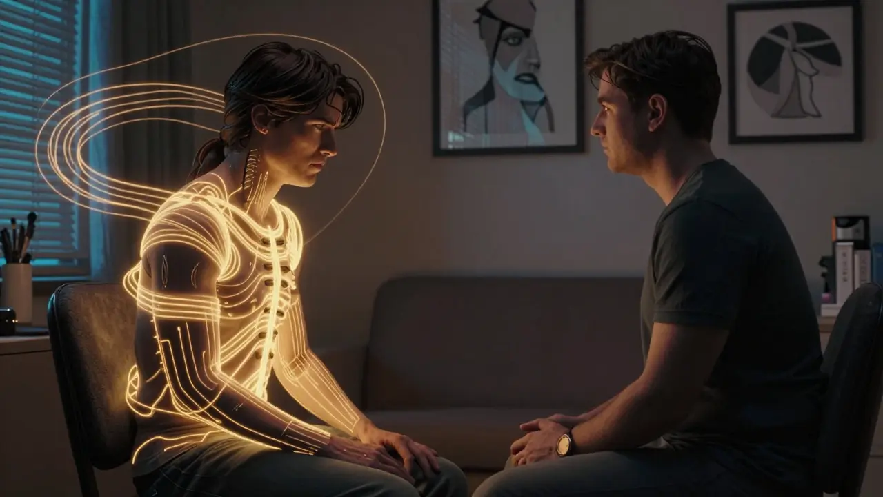 Terapeut a klient v klidné místnosti, tělo klienta září zlatou energií při uvolnění napětí.