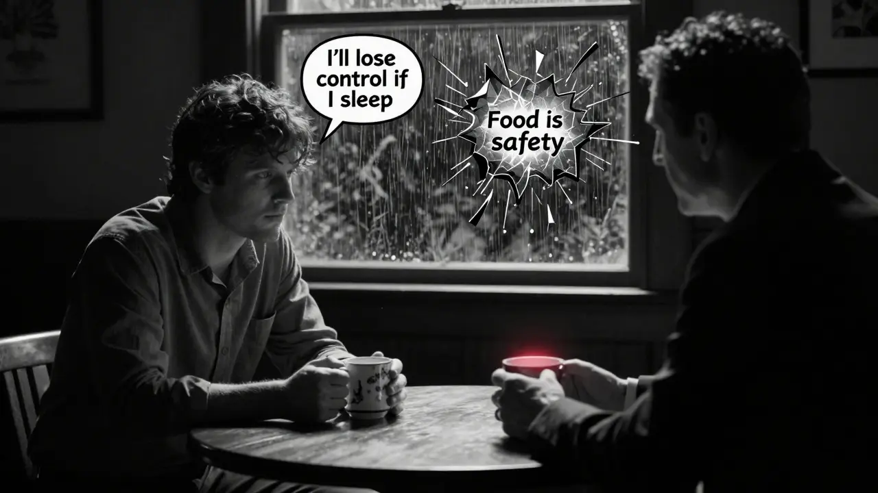 Terapeut a pacientka sedí u stolu, drží čaj, nad nimi se láme negativní myšlenky.