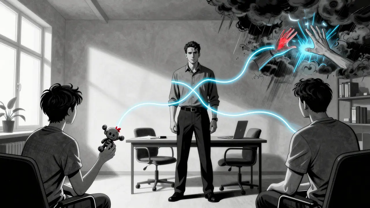 Terapeut mezi dvěma klienty, kteří jsou spojeni zářícími emocionálními vlákny znázorňujícími trauma a komunikaci.