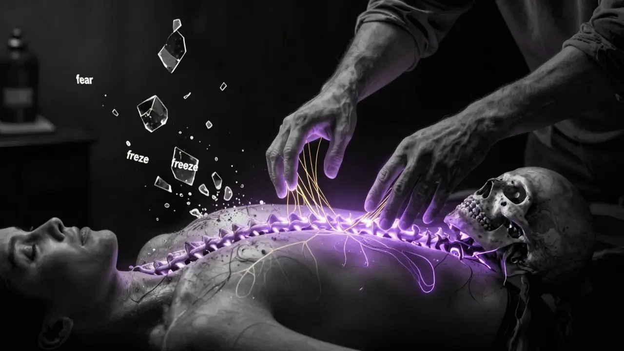 Terapeut rukama sleduje biodynamické rytmy hlavy a křížové kosti pacienta.