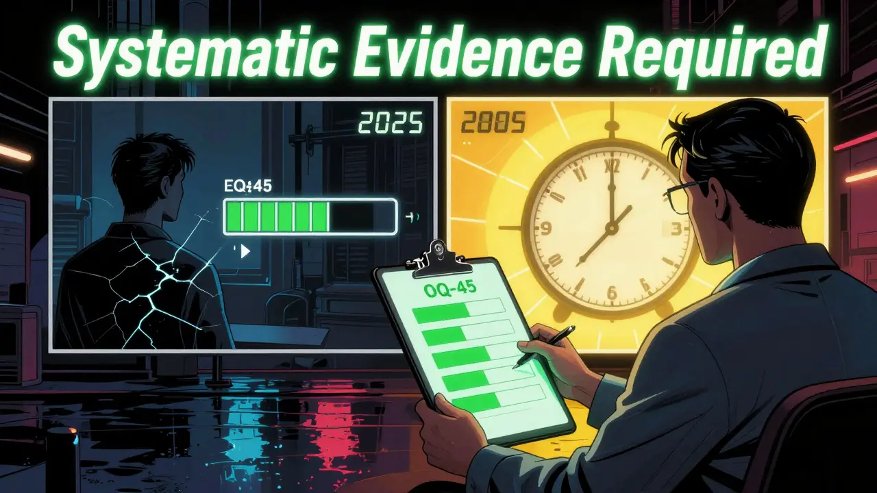 Terapeut s dotazníkem OQ-45, před ním dva stavy klienta – před a po terapii.