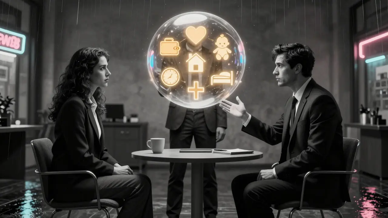 Terapeut ukazuje párům tajemné symboly jejich vztahu v moderním kancelářském prostředí.