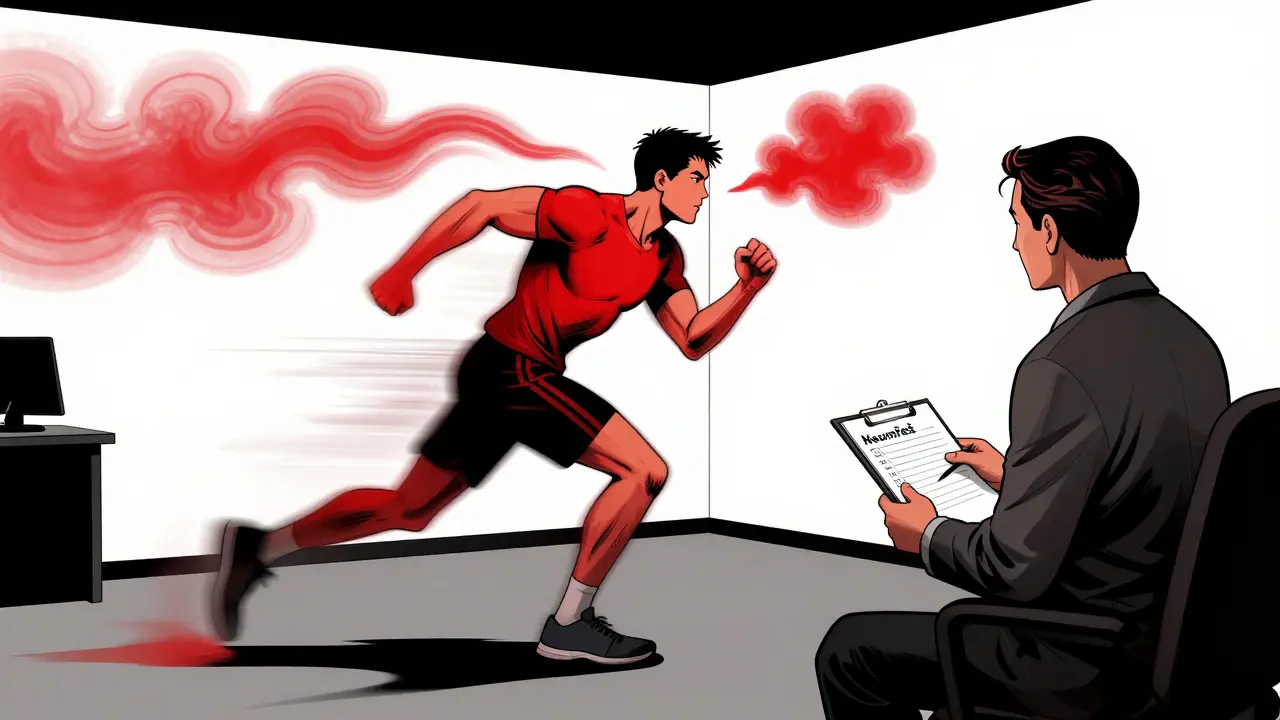 Terapeut vede pacienta při cvičení dechu v klinice, kolem nich jsou vizuální znaky paniky jako červené mraky.