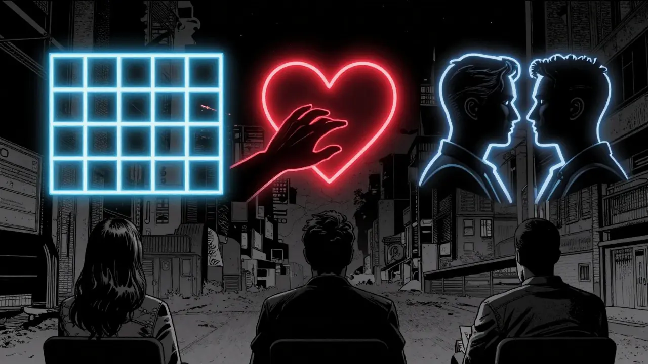 Tři abstraktní úrovně terapeutického vztahu jsou znázorněny jako zářící symboly nad klientem.