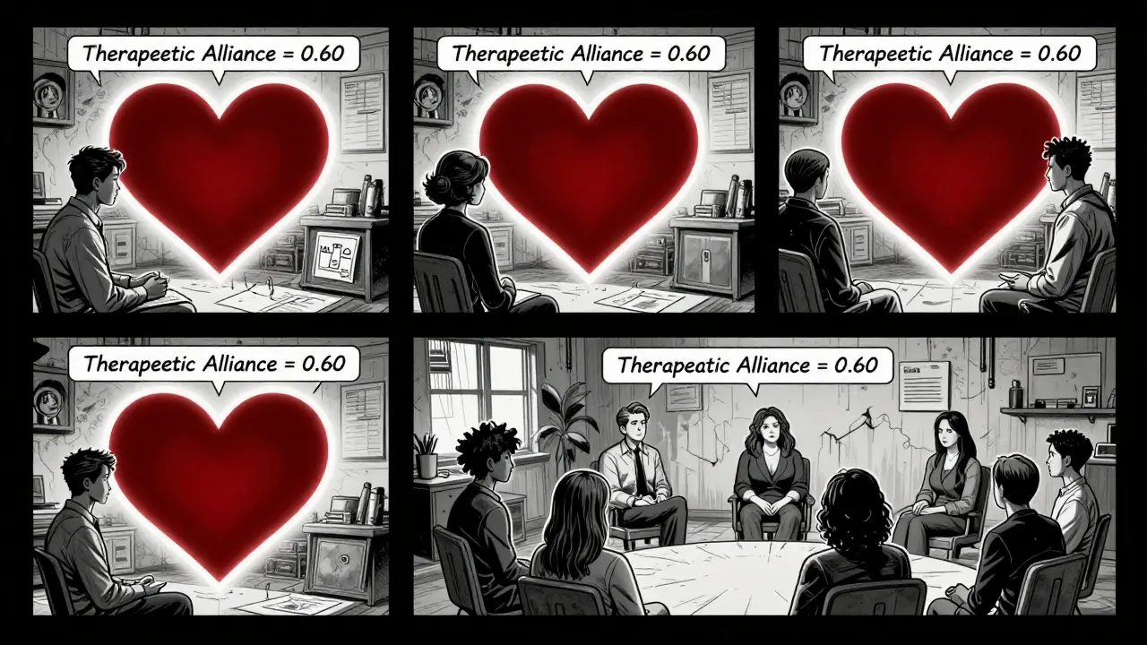 Tři klienti s různými terapeuty, všichni spojeni stejným světlem vztahu.