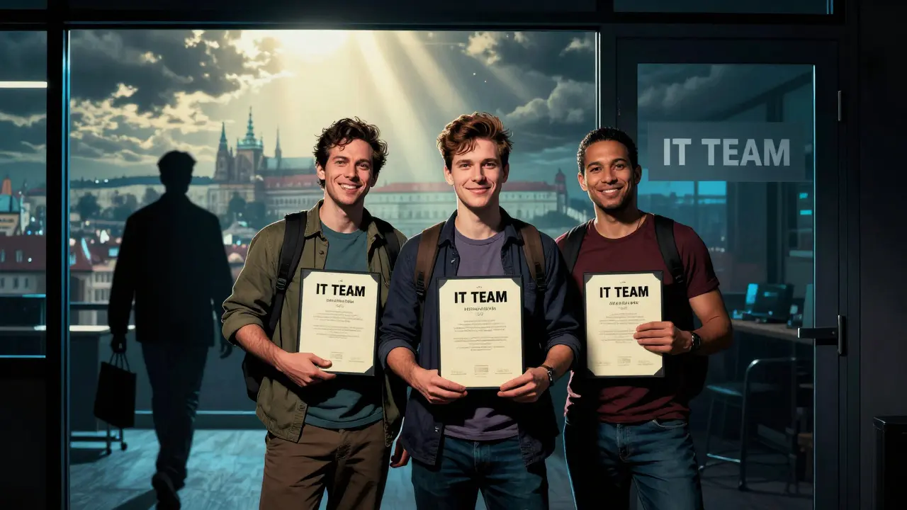 Tři lidé s autismem stojí před dveřmi IT firmy s certifikáty, za nimi odchází asistent.