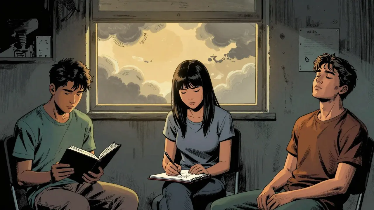 Tři teenagery v terapii: jedna píše, druhá kreslí, třetí dýchá — světlo proniká skrz mlhu.