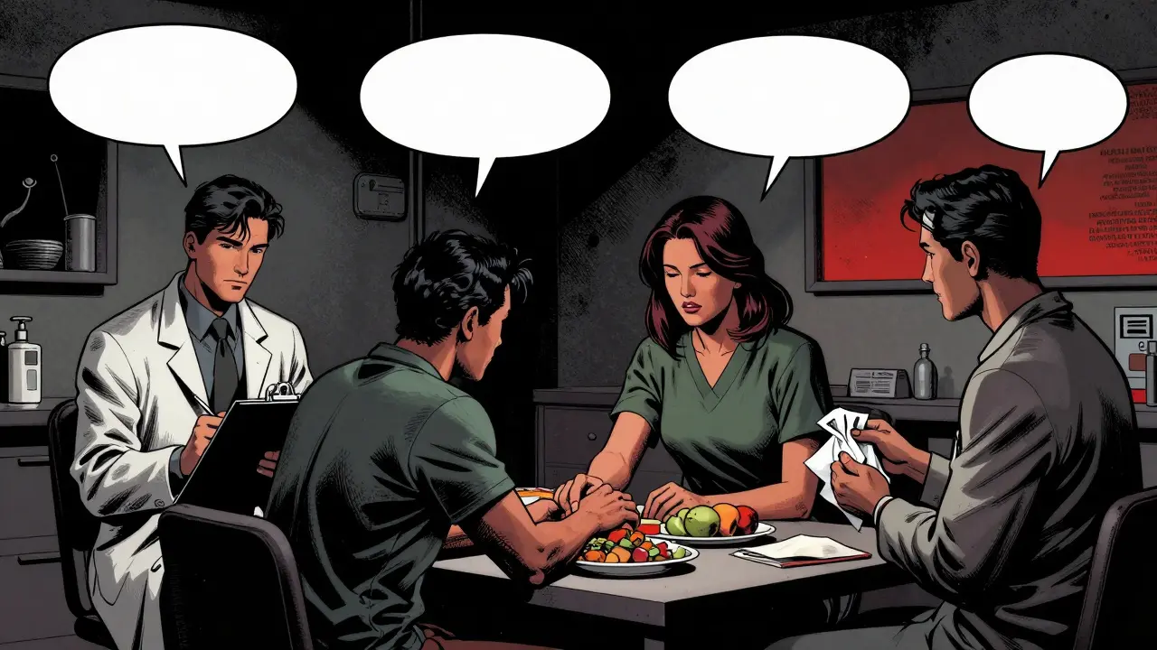 Tým lékařů pomáhá pacientovi: psycholog, dietetik a psychiatra společně v klidné místnosti.