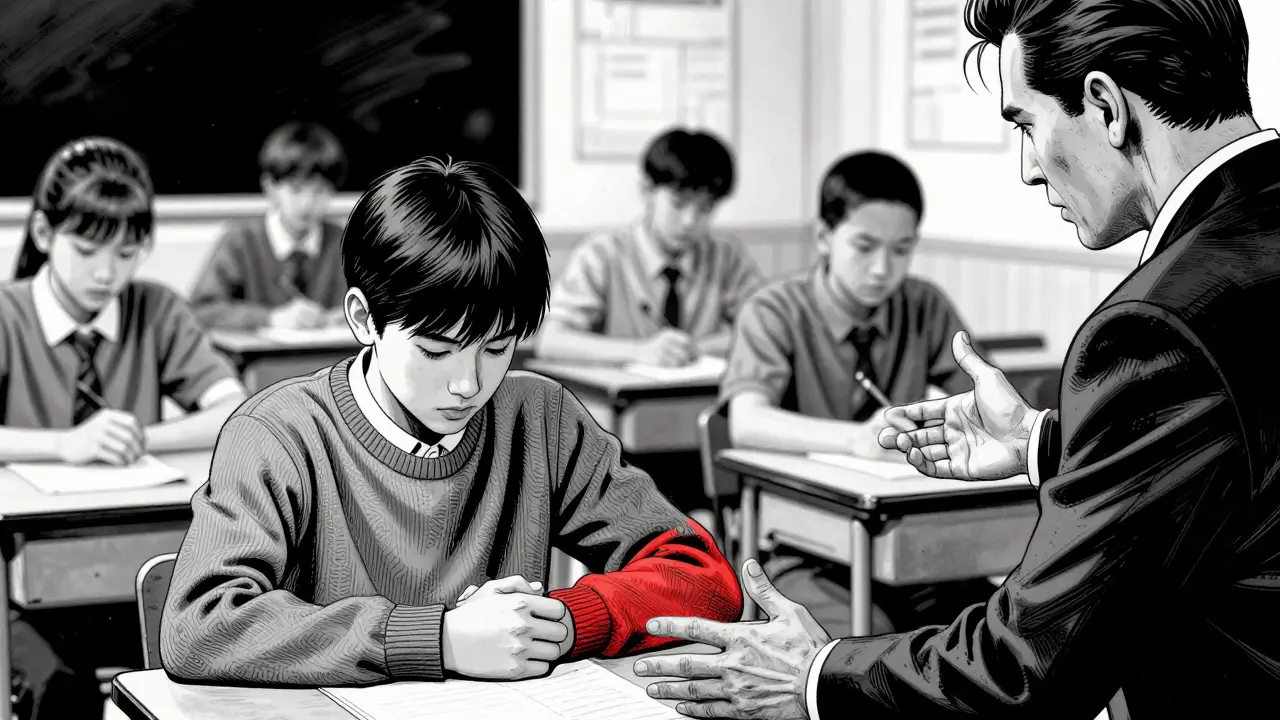 Učitelka v třídě si všimne žákova skrývaného zranění, jeho ruce jsou skryté pod svetrem.