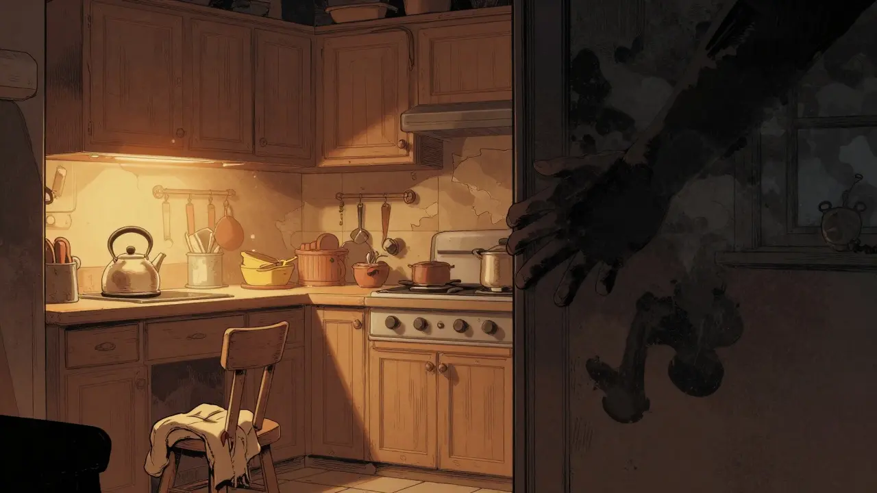 Vnitřní bezpečná zóna jako teplá kuchyně z dětství, odlišná od temného flashbacku za ní.