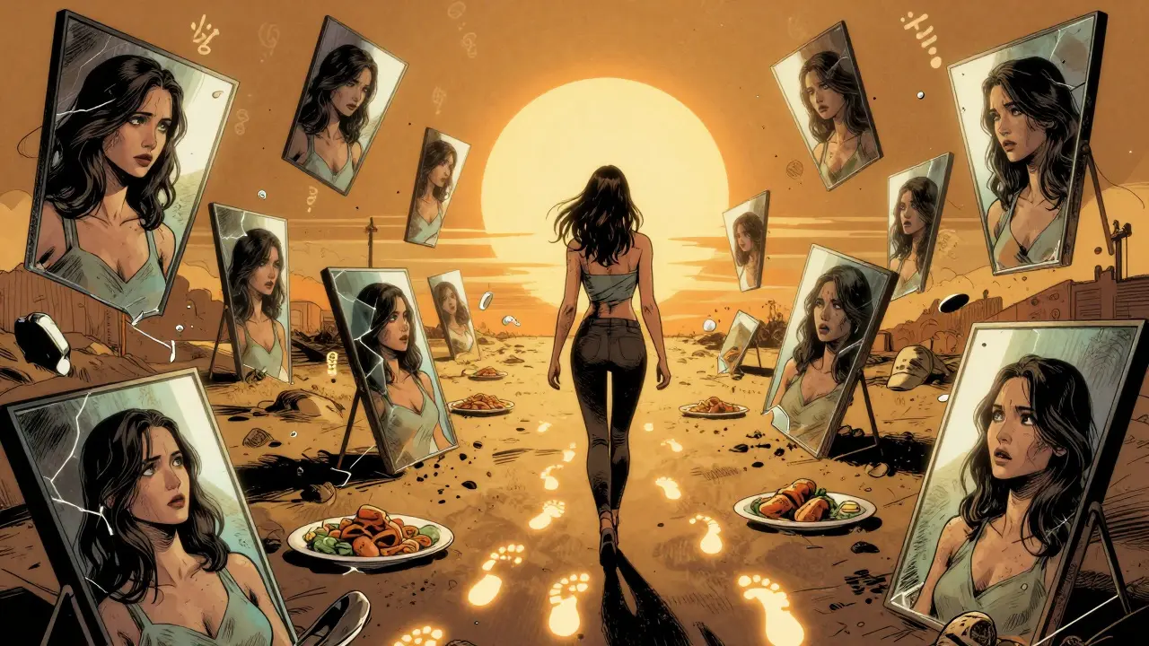 Žena kráčí po cestě světelných stopek, kolem ní zrcadla a plavoucí jídlo, za ní slunce.