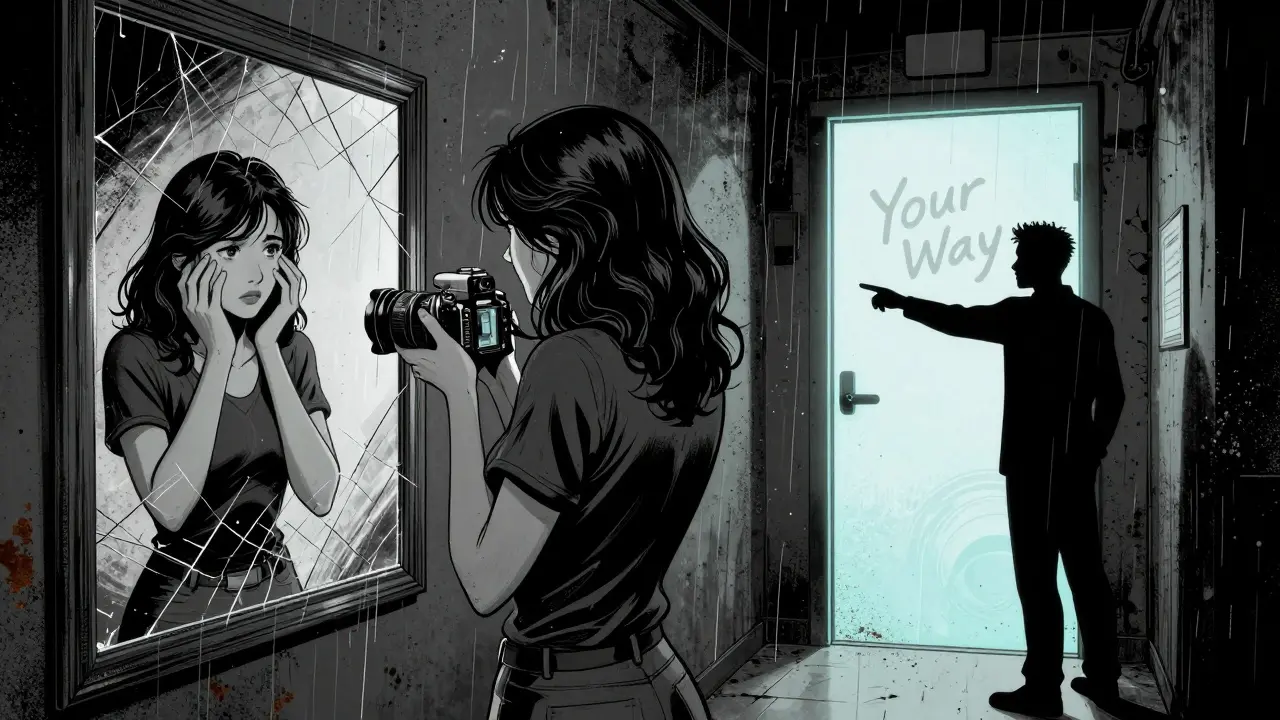 Žena s fotoaparátem, její odraz v zrcadle ukazuje dítě, terapeut ukazuje na dveře s nápisem 'Tvoje cesta'.