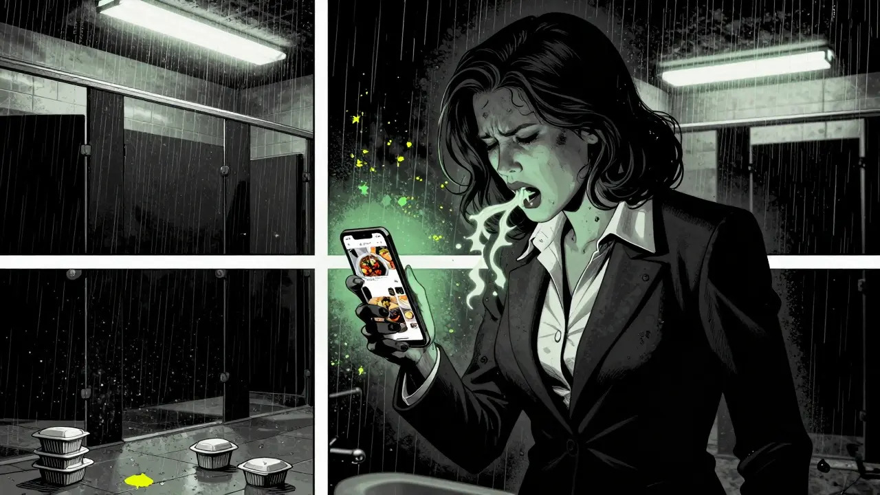 Žena v pracovním obleku se zvrací ve záchodové kabině, blikající světlo a mobil v ruce.