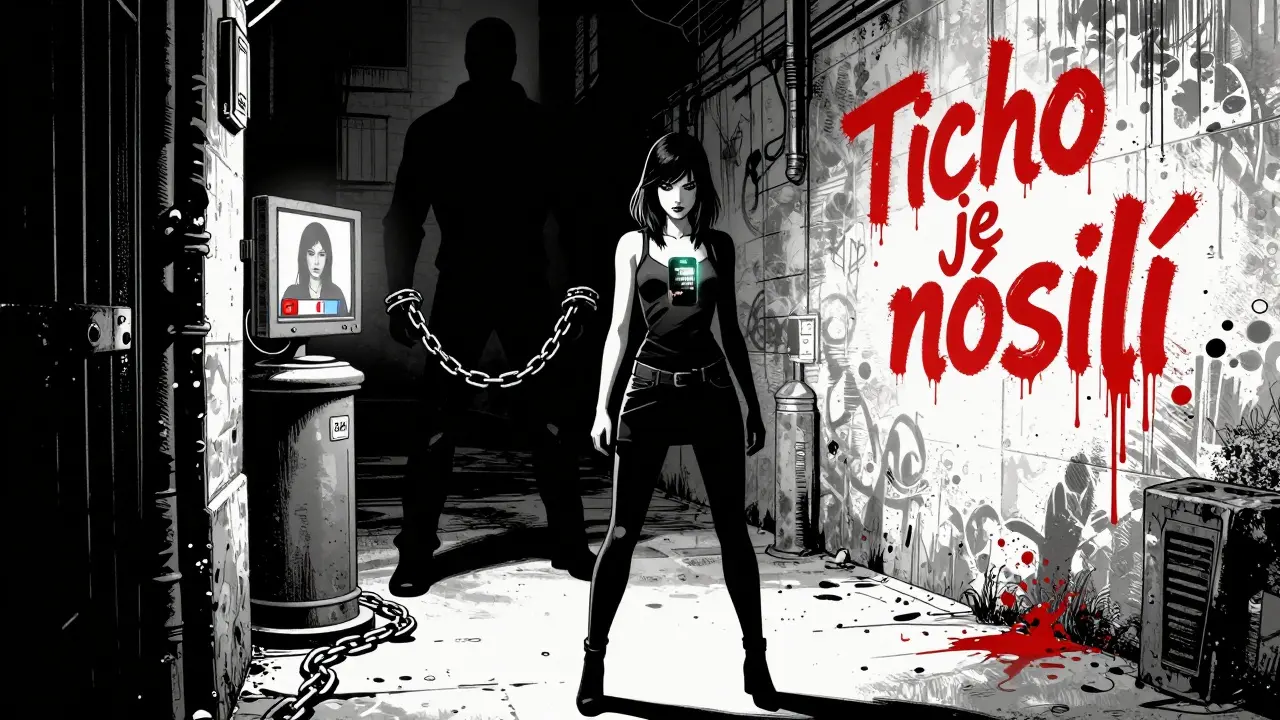 Žena v temné ulici s mobilním telefonem, za ní stín s řetězy, nápis 'Ticho je násilí' na zdi.