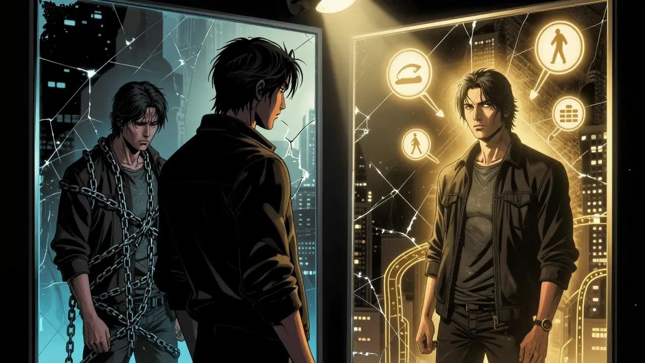 Zrcadlo ukazuje dvě verze osoby: jednu zaneprázdněnou řetězy, druhou v klidu s symboly zdravého života.