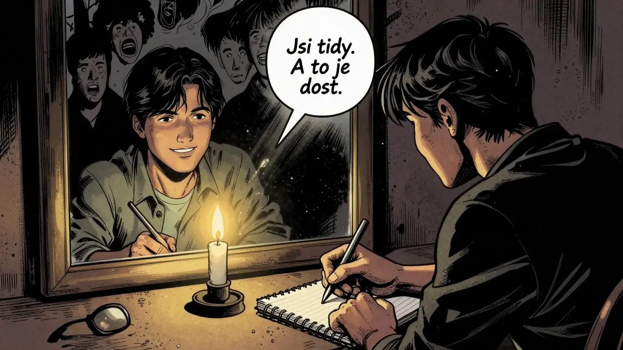 Člověk píše do sešitu, jeho zrcadlový odraz ukazuje laskavou verzi sebe sama, kritické hlasy se mění v popel.