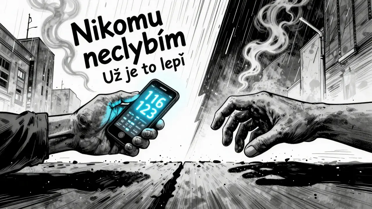 Dvě ruce se snaží dosáhnout na sebe, jedna drží telefon s krizovou linkou.