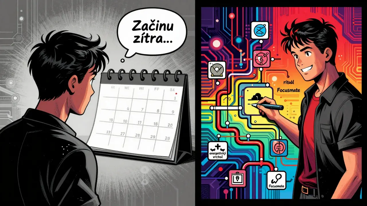 Dvě scény: jedna s nečinností, druhá s aktivním plánováním podle nástrojů ADHD kouče.