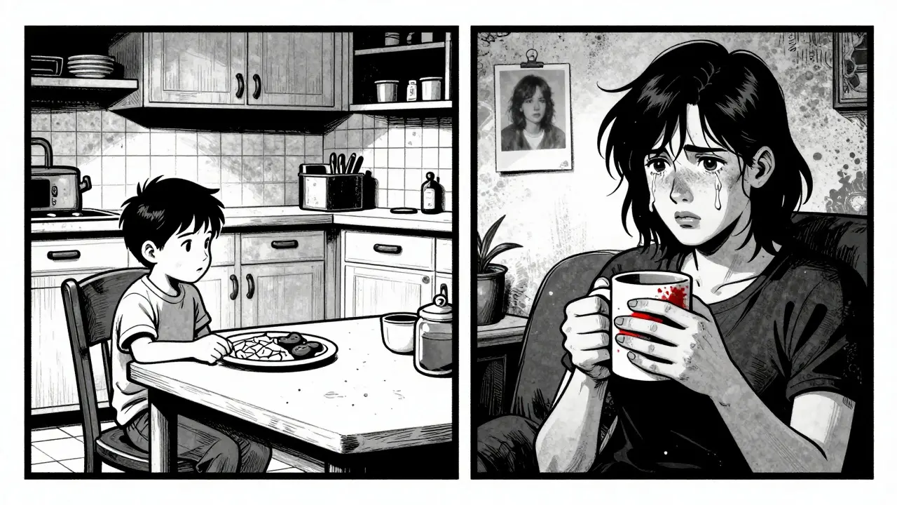 Dvojité vize: dítě jedlé jídlo v kuchyni a dospělý klient v terapii, spojené červenou teplou barvou.