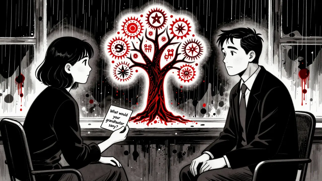 Klient a terapeut diskutují o úkolu založeném na rodinném příběhu.