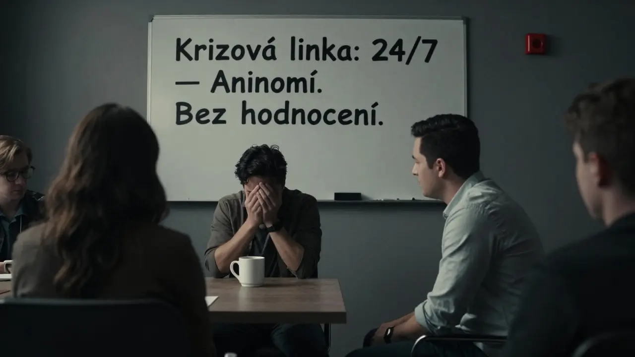 Kolega naslouchá zraněnému spolupracovníkovi v kancelářském koutku, na pozadí viditelná krizová linka.