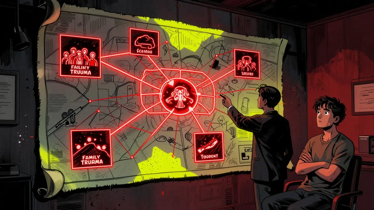 Na zdi terapeutické místnosti se rozvinula mapa životních zkušeností, kterou terapeut ukazuje klientovi.