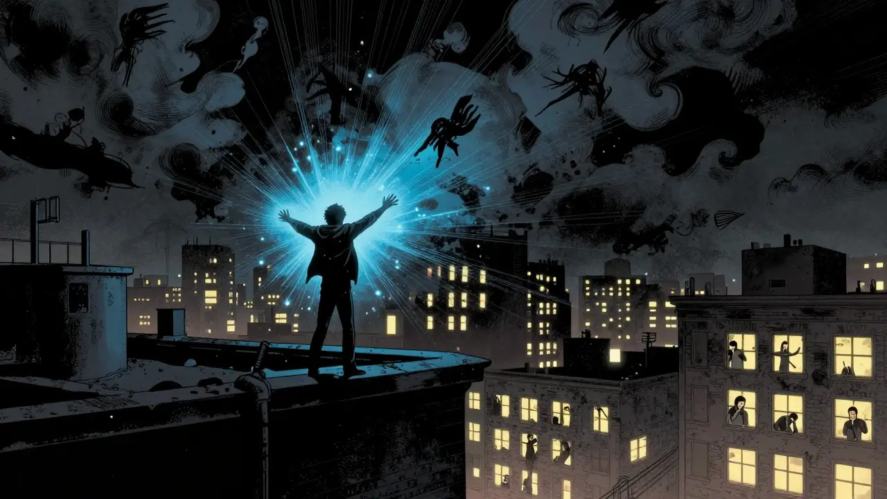 Osoba na střeše odrazuje temnotu duševního vyčerpání světlem.