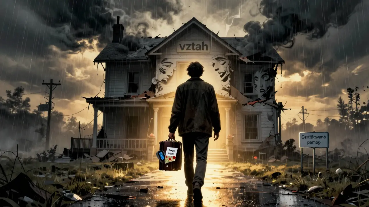 Osoba odchází od ničivého vztahu, drží kufřík s bezpečným plánem, vpředu je světlo pomoci.