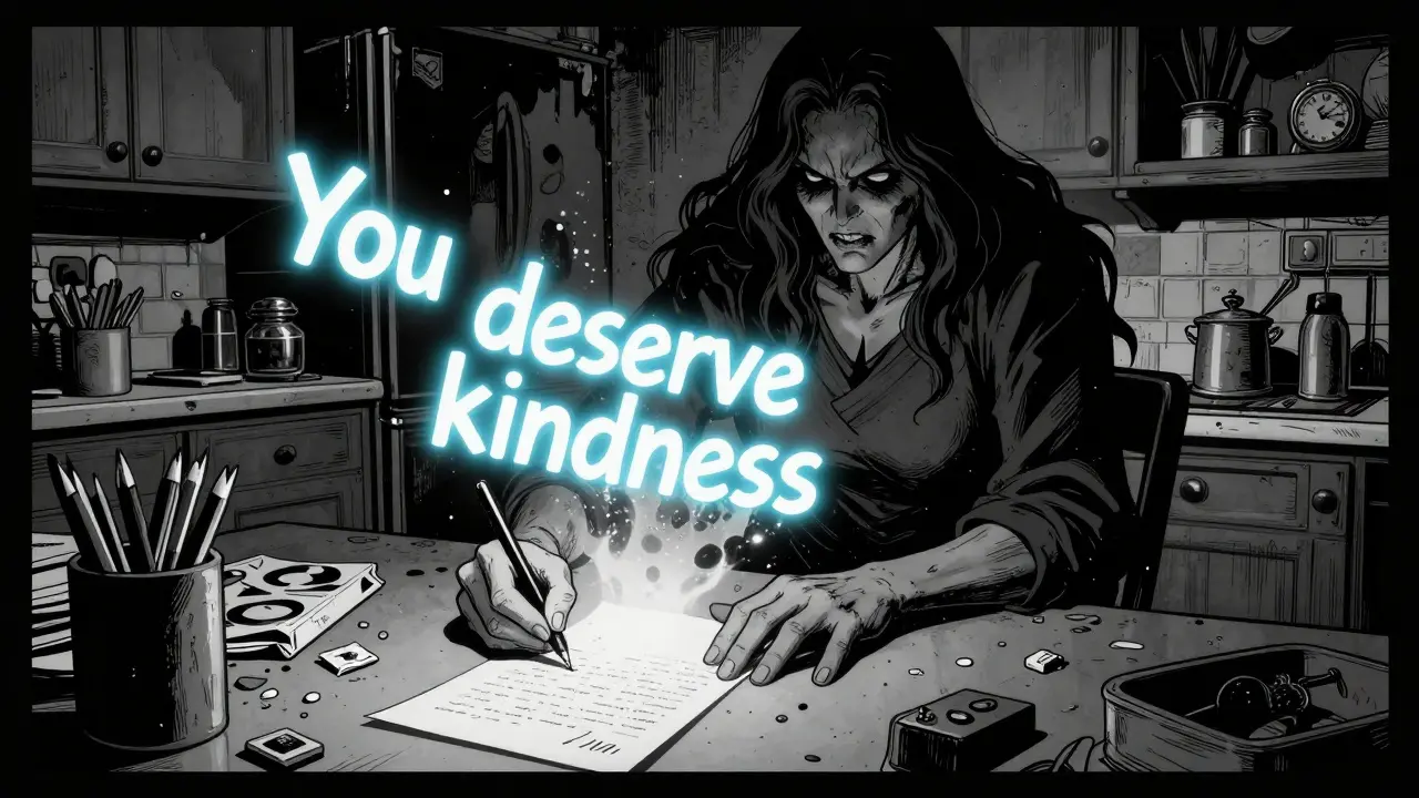 Osoba píše dopis, za ní se rozpadá stín přísné matky, z dopisu vychází zářivá slova.