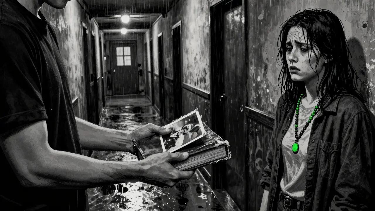 Osoba rozdává osobní věci příteli v tmavém chodbě, výraz obou je napětí.