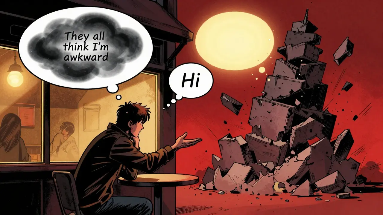 Osoba se rozhoduje pozdravit někoho v kavárně, zatímco její negativní myšlenky zanikají.