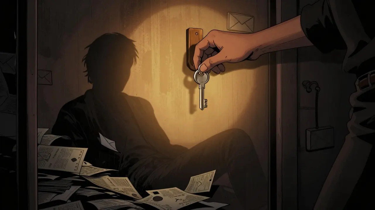 Osoba zavěšuje klíč na hák u dveří, zlaté světlo září, za ní se mihotají stíny selhání.