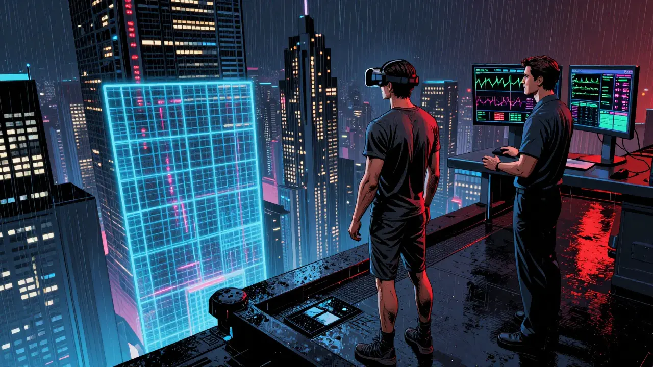 Pacient ve VR brýlích stojí na virtuální výšce, terapeut sleduje biometrické údaje na obrazovkách, neonové světlo a černé stíny.