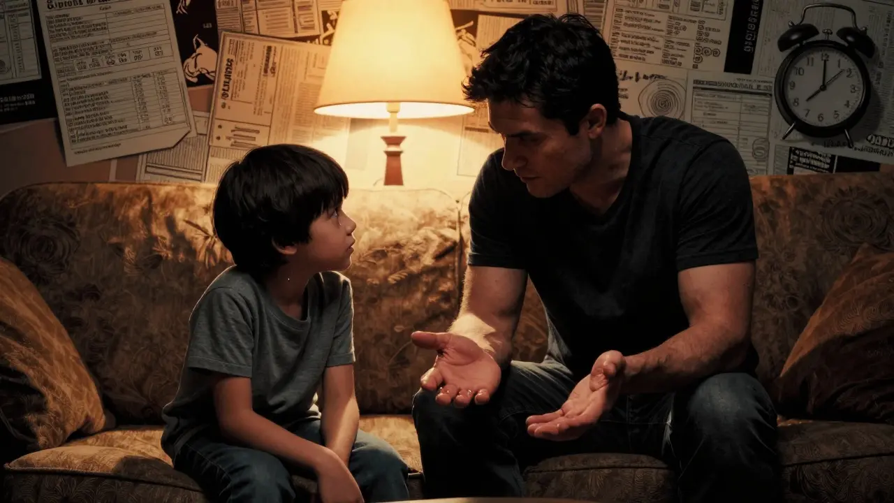 Parent and child on a couch, parent offering quiet support, tear falling as warm light glows between them.