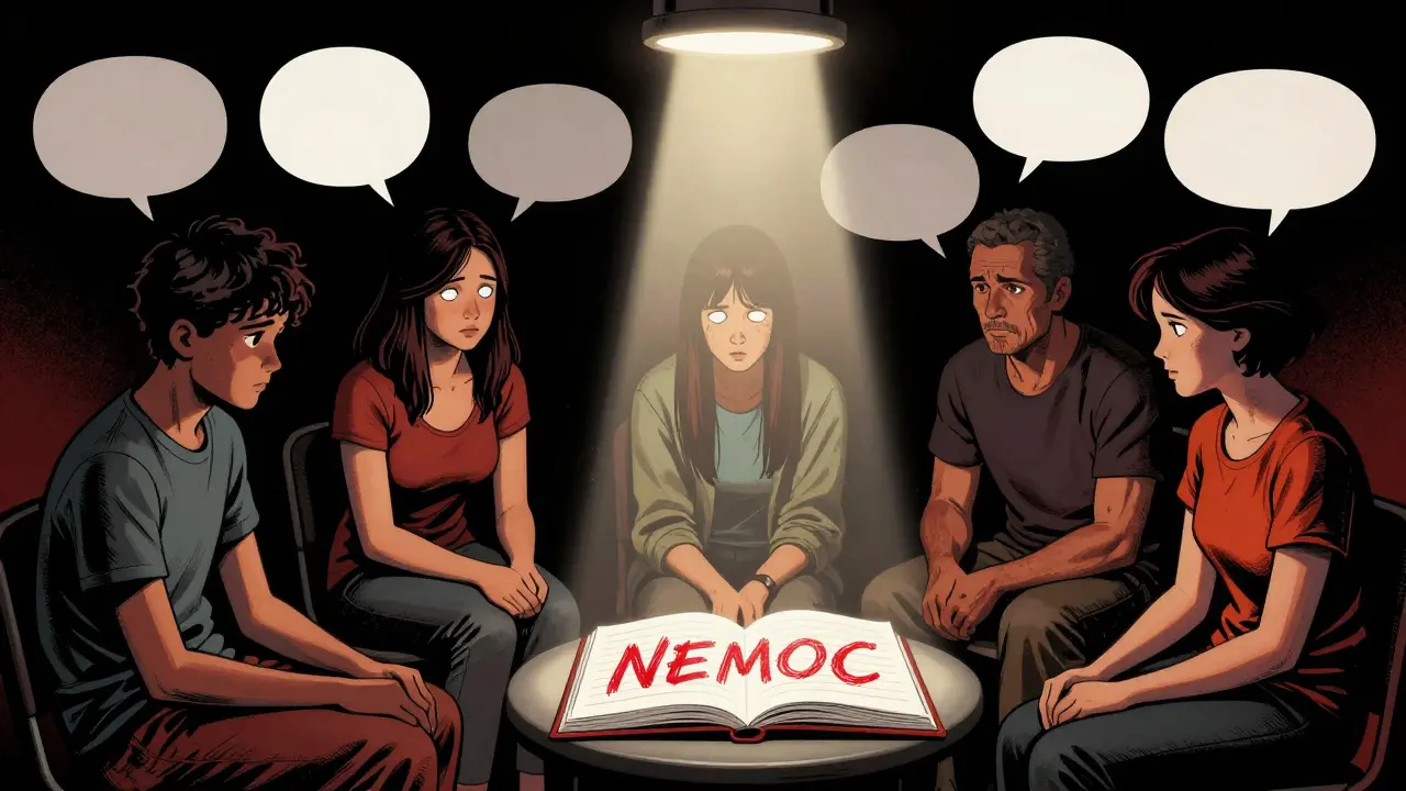 Pět rodin ve skupinové terapii, teenagery a rodiče v napětí, jediné světlo na slově 'NEMOC'.