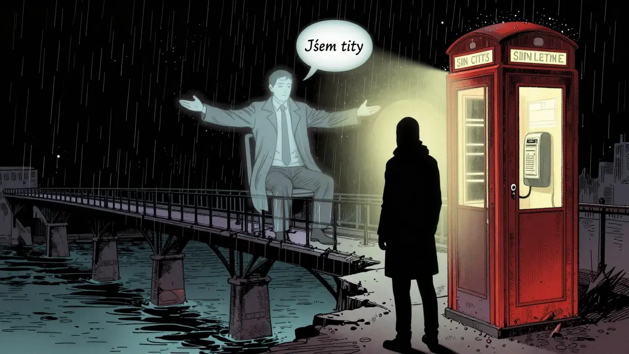 Postava na mostě se dívá dolů, ale za ní se objeví průhledná postava operátorky v zářící telefonní kabince.