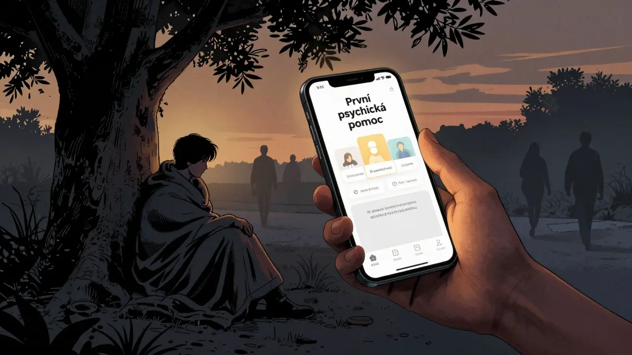 Ruka drží mobil s aplikací psychické pomoci, osoba pod stromem je obalená plátnem, jen světlo z obrazovky září.