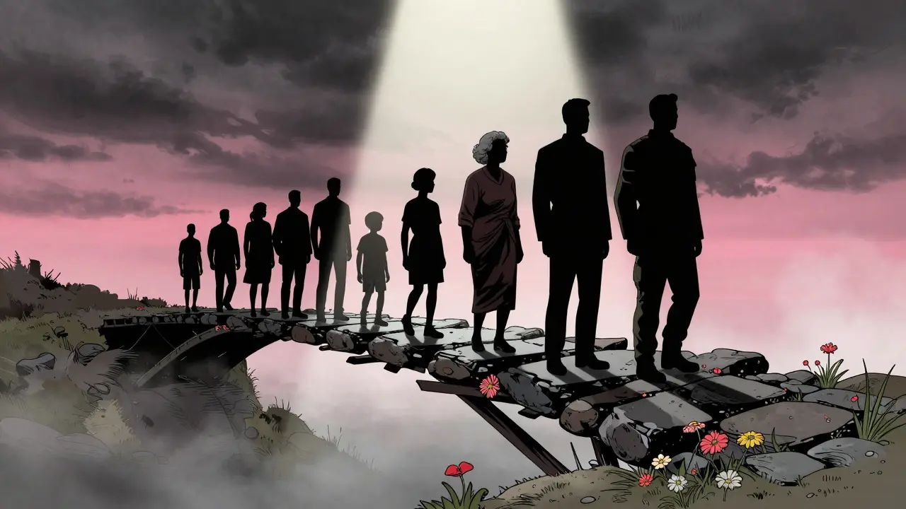 Různí lidé stojí na mostě z pamětí, kde kameny a květiny tvoří cestu vpřed do světla.