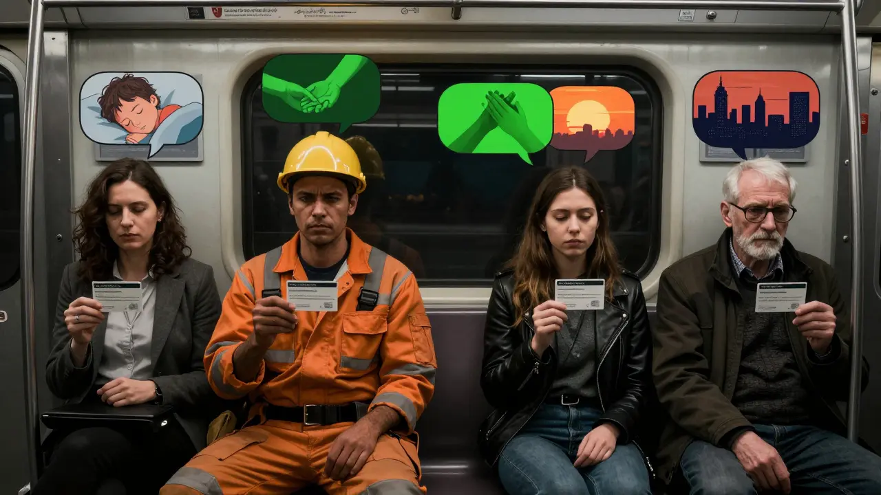 Různí lidé v metru drží karty na terapii, jejich myšlenky ukazují klidné scény.