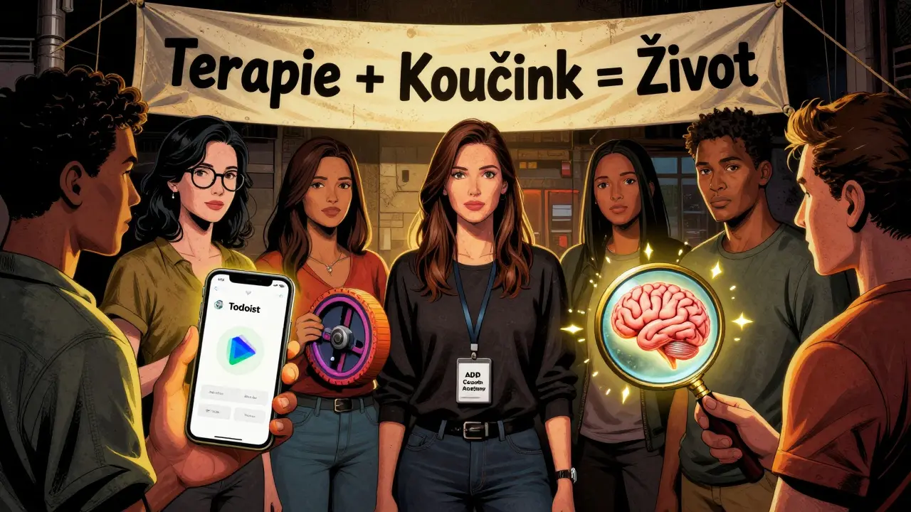 Skupina lidí s nástroji pro ADHD, vedená certifikovaným koučem, v temném, stylizovaném prostředí.