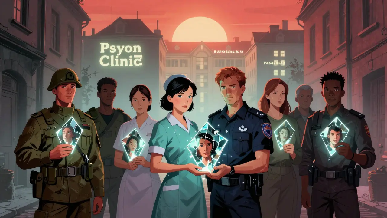 Skupina přeživších traumatu stojí v pražském uličce, každý drží zrcadlový kousek svého nového já.