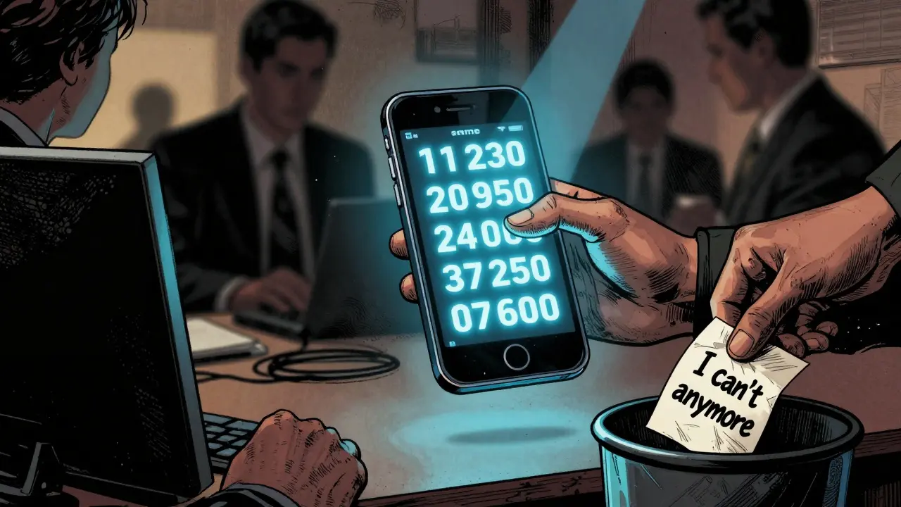 Tajný kontakt na telefonu září nad kancelářským stolem, zatímco jiný zaměstnanec hází důvěrnou poznámku do koše.