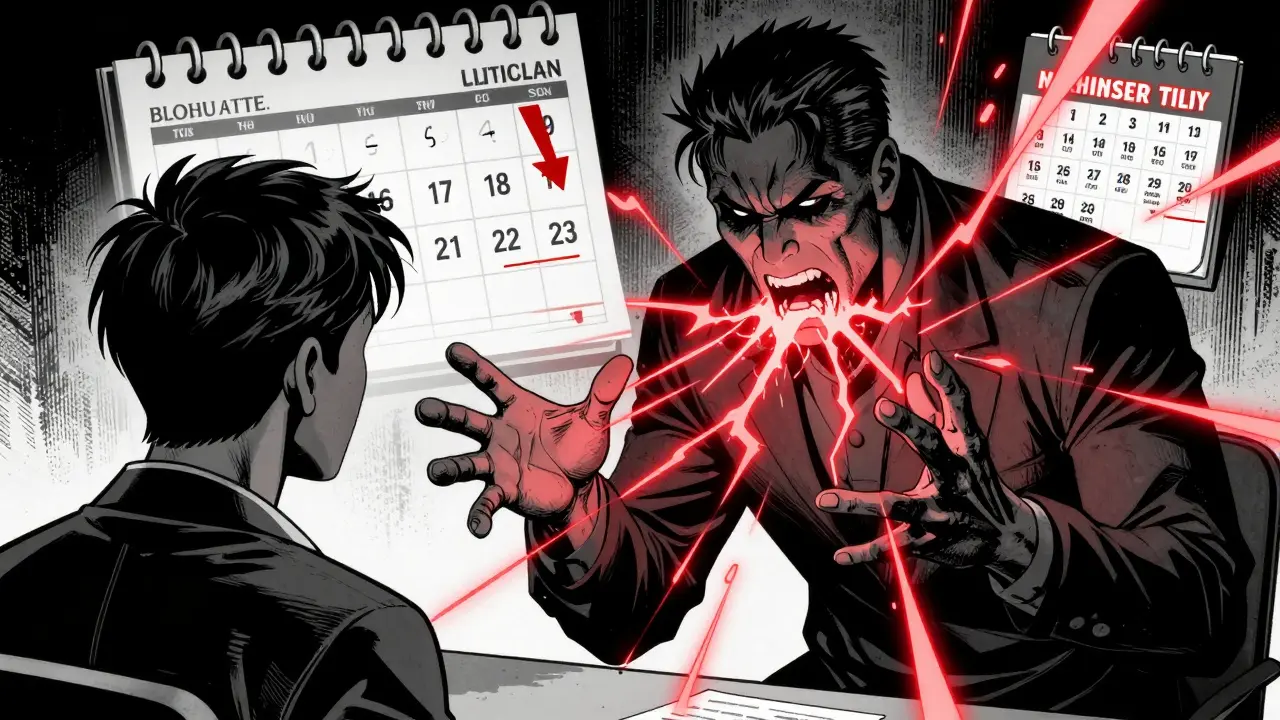 Terapeut a klient v napjaté pozici, kolem nich se rozšiřují červené emoce a ztráty.