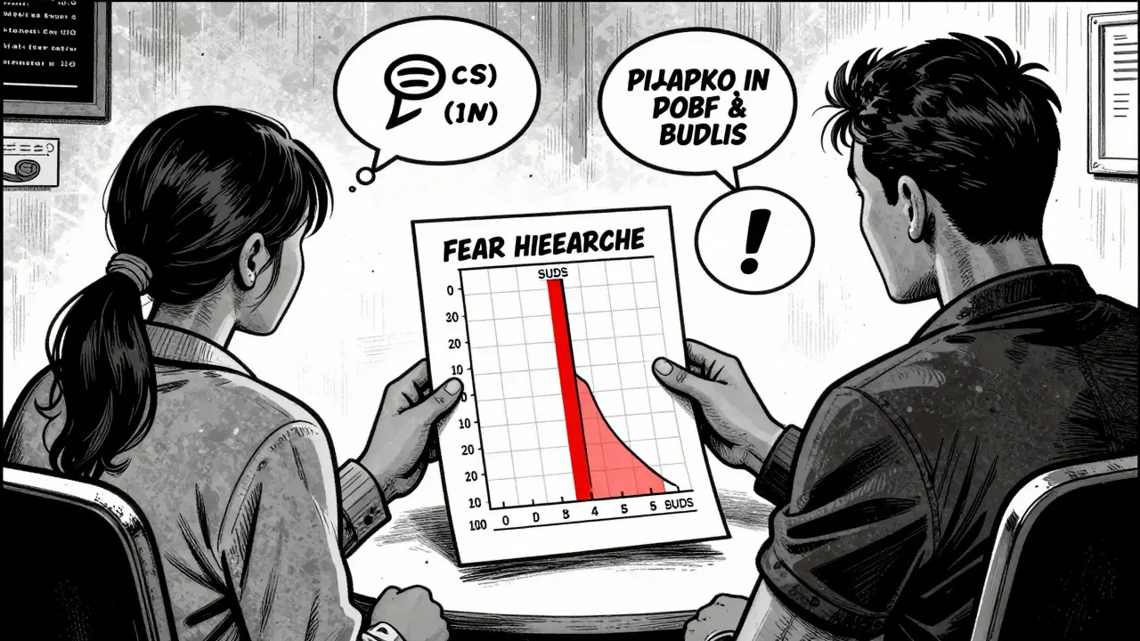 Terapeut a pacient sledují schéma strachu s číselnou škálou, myšlenkové bubliny ukazují postupné výzvy, noir styl.