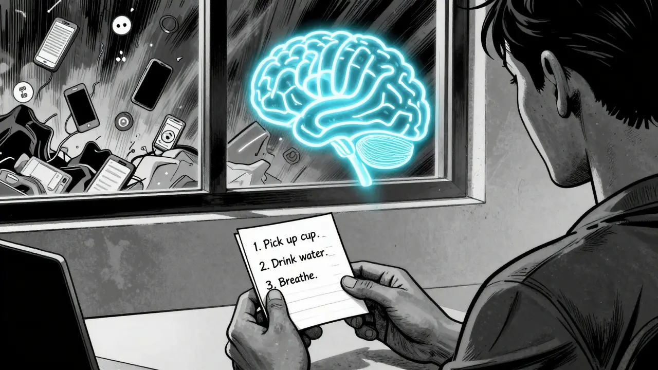 Terapeut a pacient spolu v klidné místnosti, pacient drží malý seznam kroků, mozek září modrým světlem.