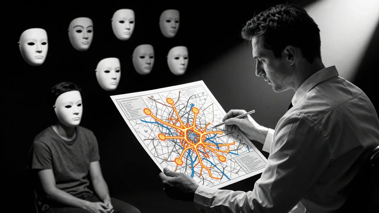 Terapeut drží mapu propojených emocí, zatímco kolem pacienta plavou masky různých poruch.